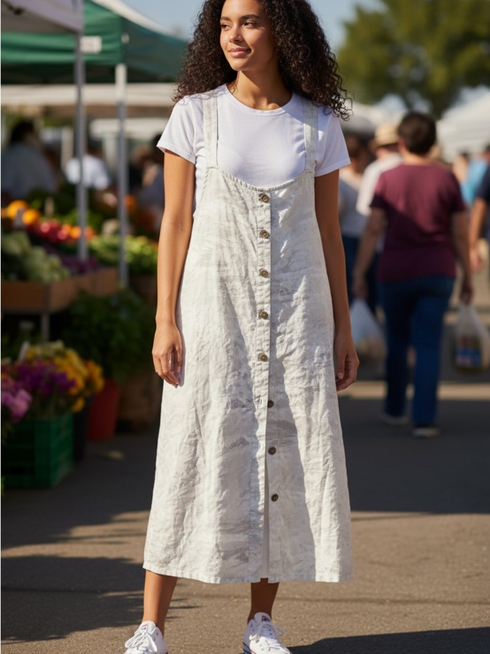 Realtree Cream Button-Front High-Low Linen Pinafore Dress